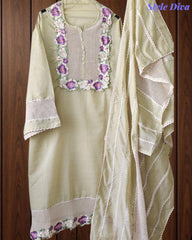 SD1121 - Jamdani Cotton Unstitched Suit with Crochet Lacing, 3D Flower Detailing & Matching Dupatta
