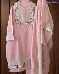 SD1121 - Jamdani Cotton Unstitched Suit with Crochet Lacing, 3D Flower Detailing & Matching Dupatta (Copy)