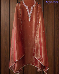 SD1104 - Shimmer Tissue Unstitched Suit with Sequin Neck Work, Scalloped Dupatta & Sequin Highlighting