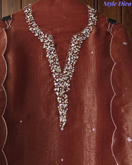 SD1104 - Shimmer Tissue Unstitched Suit with Sequin Neck Work, Scalloped Dupatta & Sequin Highlighting