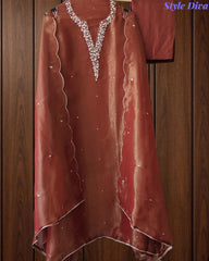 SD1104 - Shimmer Tissue Unstitched Suit with Sequin Neck Work, Scalloped Dupatta & Sequin Highlighting