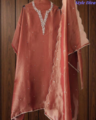 SD1104 - Shimmer Tissue Unstitched Suit with Sequin Neck Work, Scalloped Dupatta & Sequin Highlighting