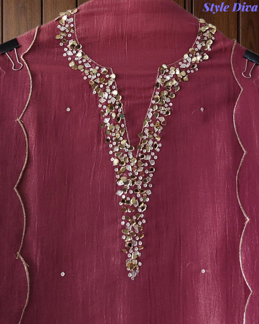 SD1104 - Shimmer Tissue Unstitched Suit with Sequin Neck Work, Scalloped Dupatta & Sequin Highlighting