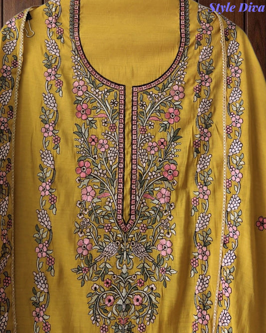 SD1102 - Mul Cotton Unstitched Suit with Colorful Floral Embroidery, Embroidered Kurta & Matching Dupatta