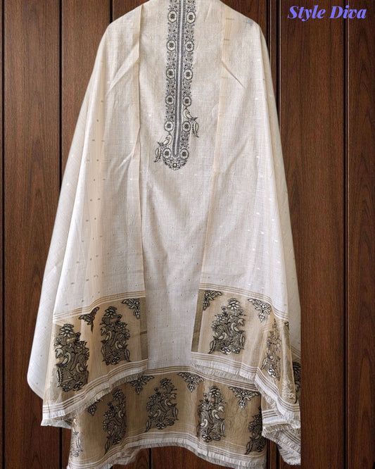 Designer Jamdani Cotton Banarasi Weave Unstitched Suit for Festive & Party Wear