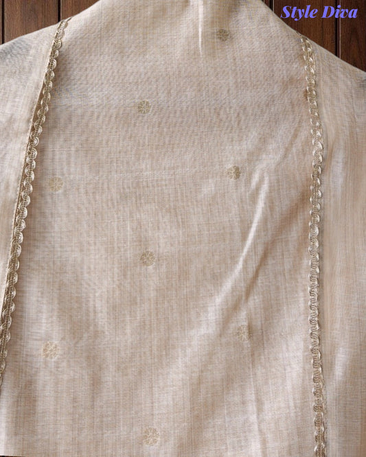 Jamdani Cotton Banarasi Unstitched Suit with Applique Embroidery, Traditional Weaves & Matching Dupatta