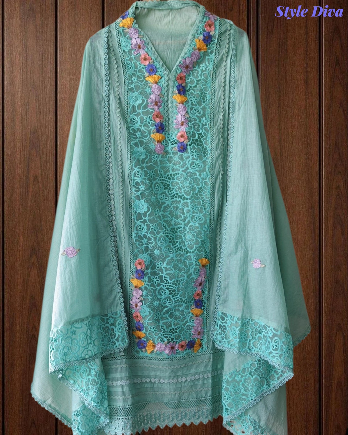 Mul Cotton Unstitched Suit with 3D Embroidery, Crochet Lacing & Matching Dupatta