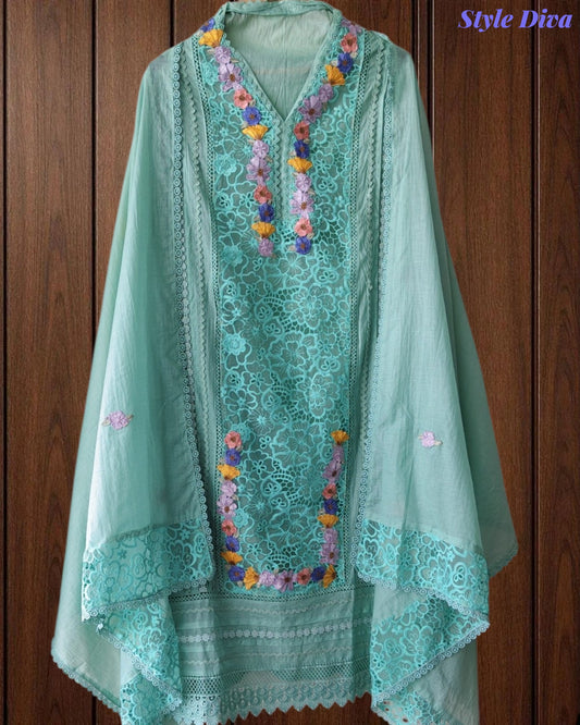 Mul Cotton Unstitched Suit with 3D Embroidery, Crochet Lacing & Matching Dupatta