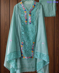 Mul Cotton Unstitched Suit with 3D Embroidery, Crochet Lacing & Matching Dupatta