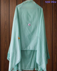 Mul Cotton Unstitched Suit with 3D Embroidery, Crochet Lacing & Matching Dupatta