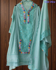 Mul Cotton Unstitched Suit with 3D Embroidery, Crochet Lacing & Matching Dupatta
