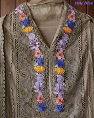Mul Cotton Unstitched Suit with 3D Embroidery, Crochet Lacing & Matching Dupatta