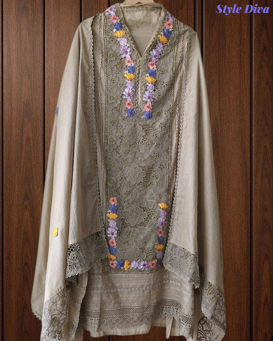 Mul Cotton Unstitched Suit with 3D Embroidery, Crochet Lacing & Matching Dupatta
