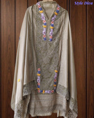 Mul Cotton Unstitched Suit with 3D Embroidery, Crochet Lacing & Matching Dupatta