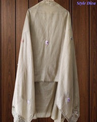 Mul Cotton Unstitched Suit with 3D Embroidery, Crochet Lacing & Matching Dupatta