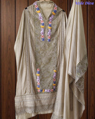 Mul Cotton Unstitched Suit with 3D Embroidery, Crochet Lacing & Matching Dupatta