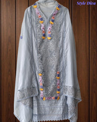 Mul Cotton Unstitched Suit with 3D Embroidery, Crochet Lacing & Matching Dupatta