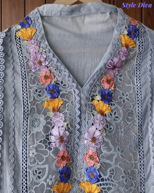 Mul Cotton Unstitched Suit with 3D Embroidery, Crochet Lacing & Matching Dupatta