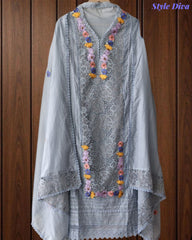 Mul Cotton Unstitched Suit with 3D Embroidery, Crochet Lacing & Matching Dupatta