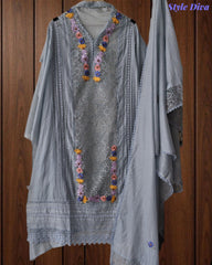 Mul Cotton Unstitched Suit with 3D Embroidery, Crochet Lacing & Matching Dupatta