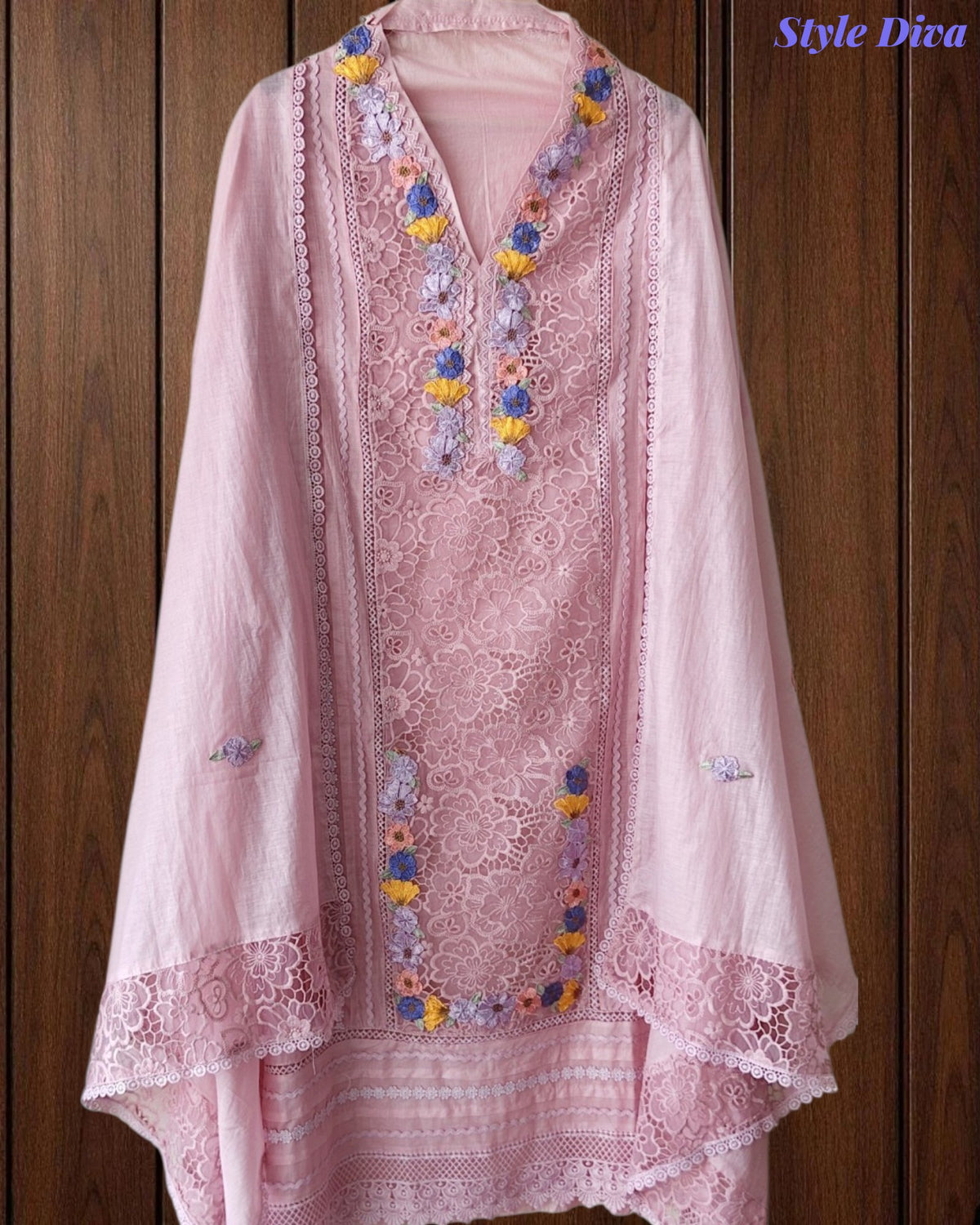 Mul Cotton Unstitched Suit with 3D Embroidery, Crochet Lacing & Matching Dupatta