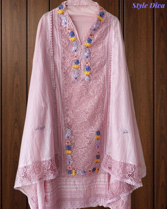 Mul Cotton Unstitched Suit with 3D Embroidery, Crochet Lacing & Matching Dupatta
