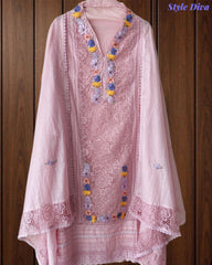 Mul Cotton Unstitched Suit with 3D Embroidery, Crochet Lacing & Matching Dupatta