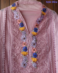 Mul Cotton Unstitched Suit with 3D Embroidery, Crochet Lacing & Matching Dupatta