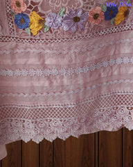 Mul Cotton Unstitched Suit with 3D Embroidery, Crochet Lacing & Matching Dupatta