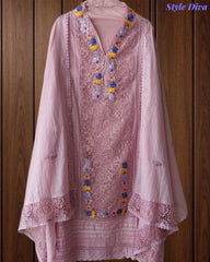 Mul Cotton Unstitched Suit with 3D Embroidery, Crochet Lacing & Matching Dupatta