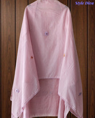 Mul Cotton Unstitched Suit with 3D Embroidery, Crochet Lacing & Matching Dupatta