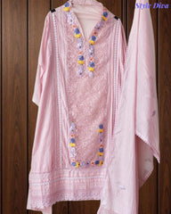 Mul Cotton Unstitched Suit with 3D Embroidery, Crochet Lacing & Matching Dupatta
