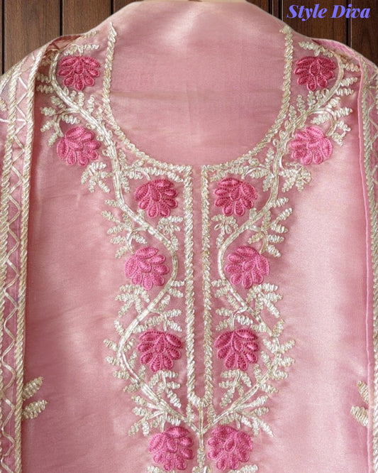 Shimmer Tissue Unstitched Suit with Gotta Work, Embroidery & Matching Embellished Dupatta