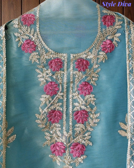 SD1201.   Shimmer Tissue Unstitched Suit with Gotta Work, Embroidery & Matching Embellished Dupatta