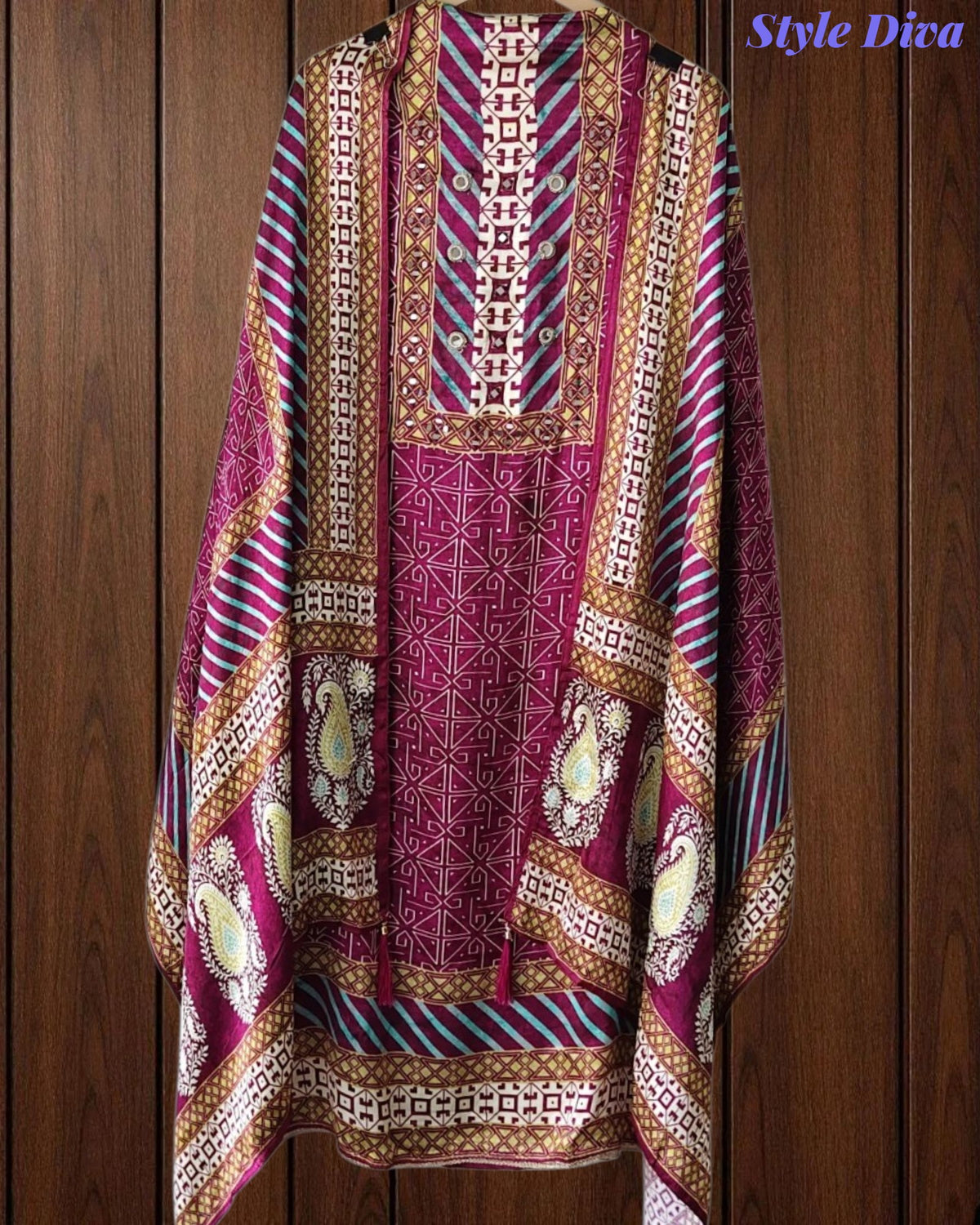 Gajji Silk Digital Printed Unstitched Suit with Mirror Highlighting & Matching Dupatta