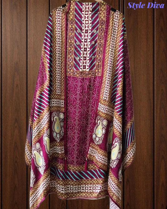 Gajji Silk Digital Printed Unstitched Suit with Mirror Highlighting & Matching Dupatta
