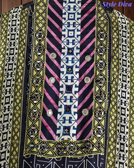 Gajji Silk Digital Printed Unstitched Suit with Mirror Highlighting & Matching Dupatta