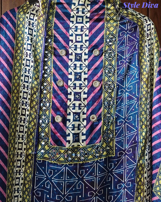 Gajji Silk Digital Printed Unstitched Suit with Mirror Highlighting & Matching Dupatta