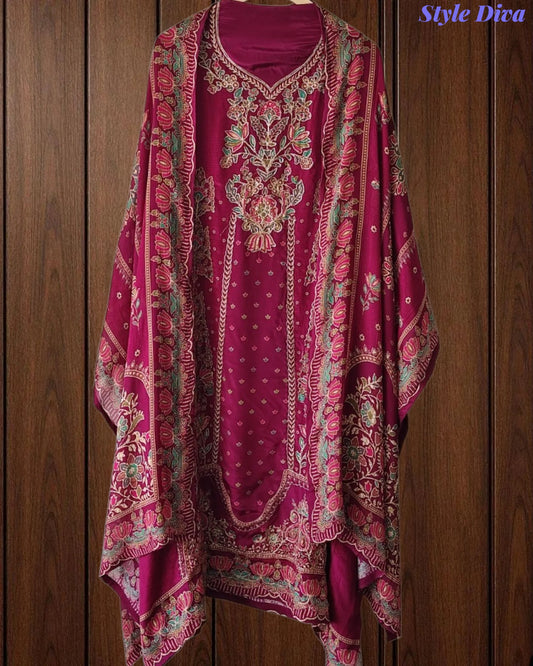 SD1241-Crepe Unstitched Suit Set with Overall Zari Highlighting and  Chinnon Digital Print Dupatta