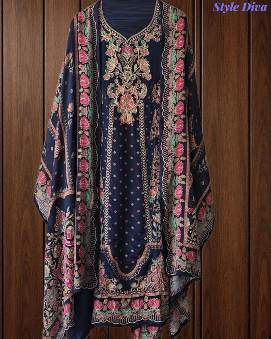 SD1241-Crepe Unstitched Suit Set with Overall Zari Highlighting and  Chinnon Digital Print Dupatta
