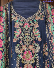 SD1241-Crepe Unstitched Suit Set with Overall Zari Highlighting and  Chinnon Digital Print Dupatta