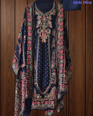 SD1241-Crepe Unstitched Suit Set with Overall Zari Highlighting and  Chinnon Digital Print Dupatta