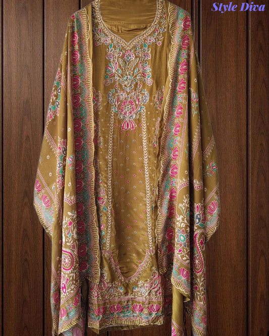 SD1241-Crepe Unstitched Suit Set with Overall Zari Highlighting and  Chinnon Digital Print Dupatta