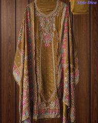 SD1241-Crepe Unstitched Suit Set with Overall Zari Highlighting and  Chinnon Digital Print Dupatta