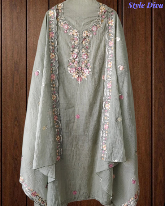 SD1220 - Premium Mul Cotton Unstitched Suit with Colorful Embroidery and Scalloped Edge Dupatta