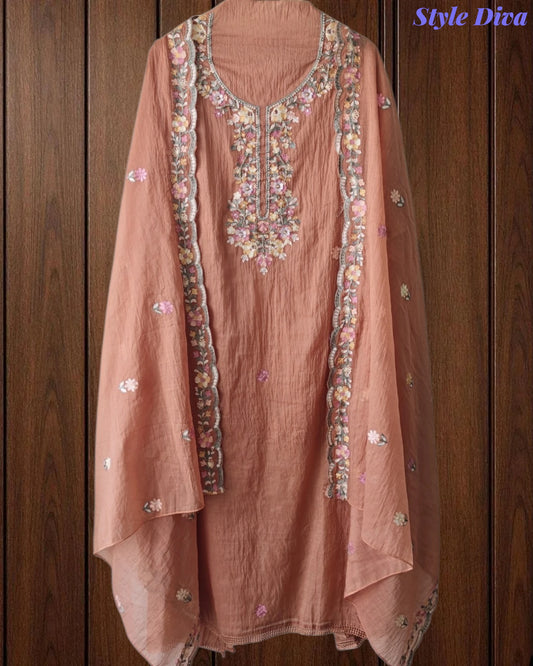 SD1220 - Premium Mul Cotton Unstitched Suit with Colorful Embroidery and Scalloped Edge Dupatta