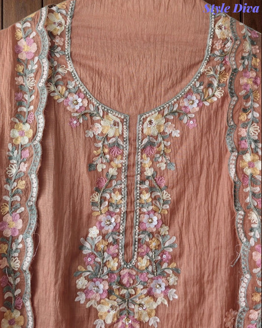 SD1220 - Premium Mul Cotton Unstitched Suit with Colorful Embroidery and Scalloped Edge Dupatta