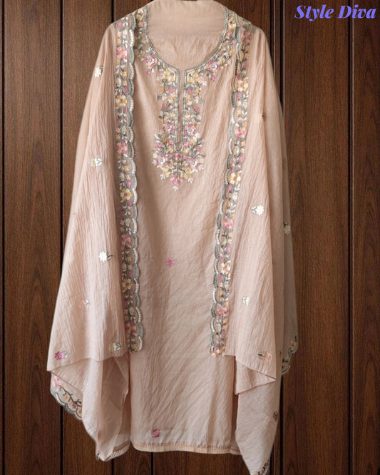 SD1220 - Premium Mul Cotton Unstitched Suit with Colorful Embroidery and Scalloped Edge Dupatta