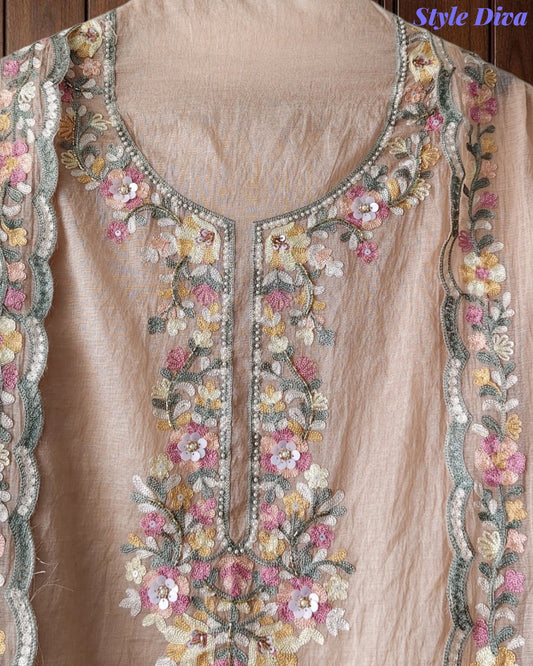 SD1220 - Premium Mul Cotton Unstitched Suit with Colorful Embroidery and Scalloped Edge Dupatta