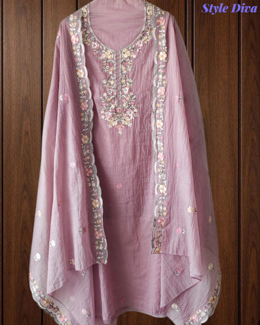 SD1220 - Premium Mul Cotton Unstitched Suit with Colorful Embroidery and Scalloped Edge Dupatta